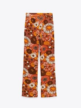 ZARA Retro Floral Wide-Leg Pants in Orange & Brown